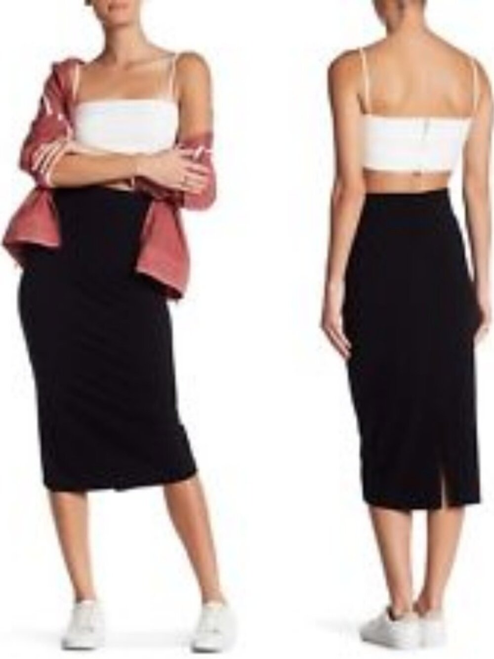 Free People Black Stretch Knit Pencil Midi Skirt elastic waist XS